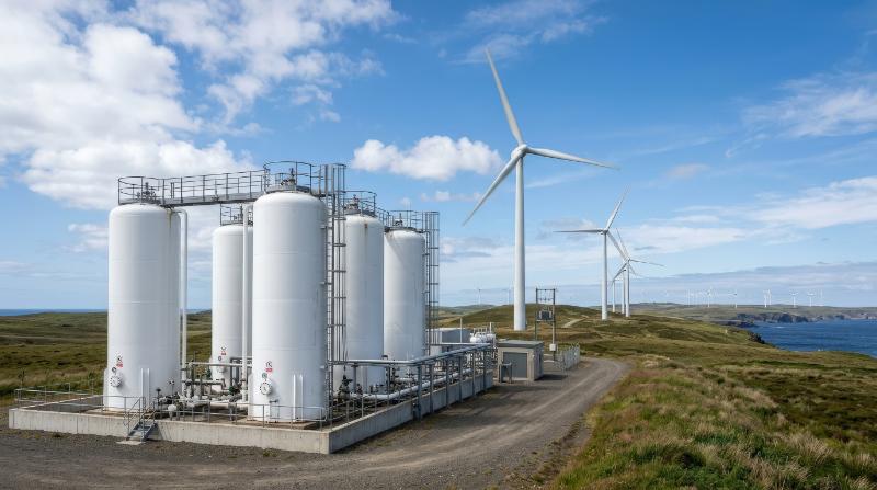 Hydrogen storage tanks standing beside wind turbines, clean renewable energy infrastructure under open sky, sleek industrial sustainability mood, ultra-realistic, no logos.