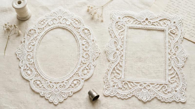 White whimsical lace borders in oval and rectangle shapes, delicate squiggle decoration and a graceful vintage social-media frame mood, ultra-realistic, no logos.