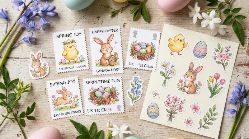 Cute Easter postage stamps and stickers featuring a chick, bunny, eggs and spring flowers in soft pastel colors, playful seasonal sweetness, ultra-realistic, no logos.
