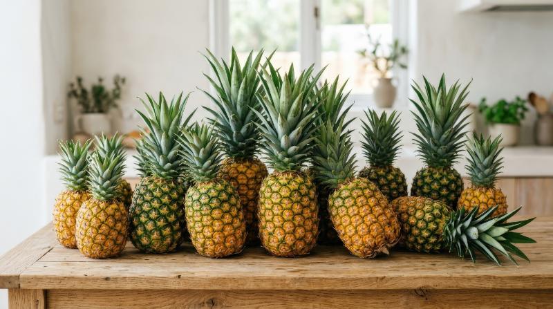 A pineapple collection with bold tropical shapes, spiky crowns, and rich golden-green contrast, clean minimal mood, ultra-realistic, no logos.