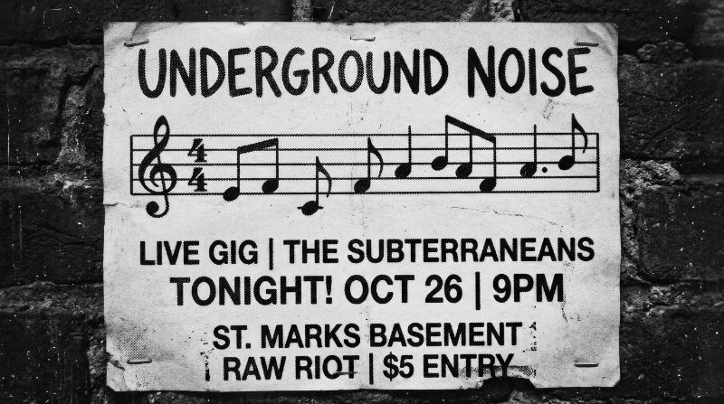Simple music notes in black halftone photocopy style, gritty retro grain and a raw underground concert-poster mood, ultra-realistic, no logos.