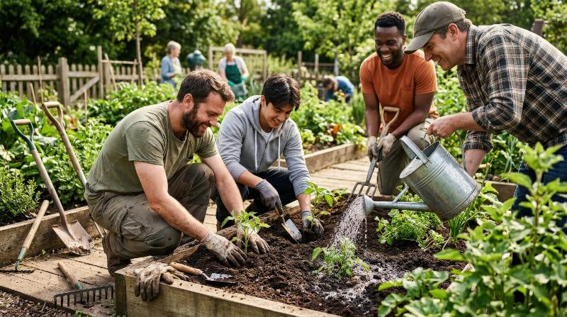 Male friends planting and watering greenery together, rich soil, garden tools, shared teamwork, fresh outdoor light, wholesome community spirit, ultra-realistic, no logos.