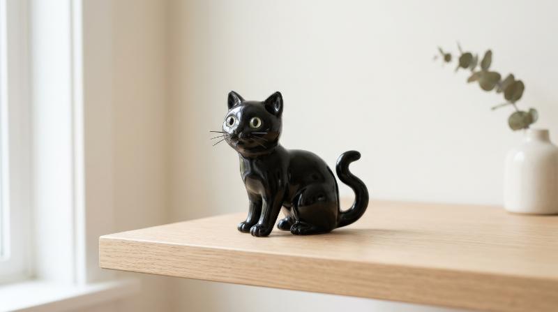 A cute playful black cat figurine in a minimal clean setting, glossy dark fur, bright curious eyes, elegant whimsical mood, ultra-realistic, no logos.