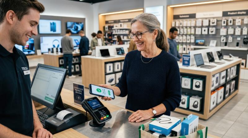 A smiling mature woman making a payment by smartphone at an electronics store checkout counter, modern retail displays, clean lighting, convenient everyday technology atmosphere, ultra-realistic, no