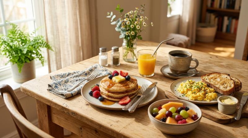 A breakfast food arrangement with coffee, toast, fruit, pancakes, and eggs on a bright cheerful table, soft morning sunlight and cozy homestyle mood, ultra-realistic, no logos.