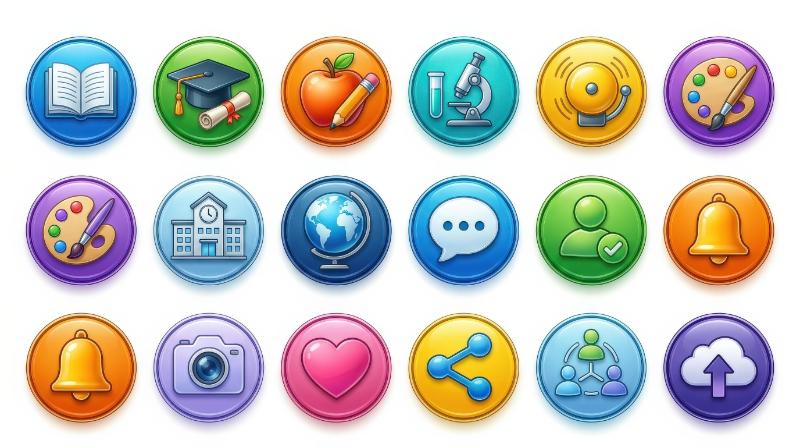 A refined education and social media icon set for school and university themes, crisp isolated symbols with polished detail and bright contemporary clarity, ultra-realistic, no logos.