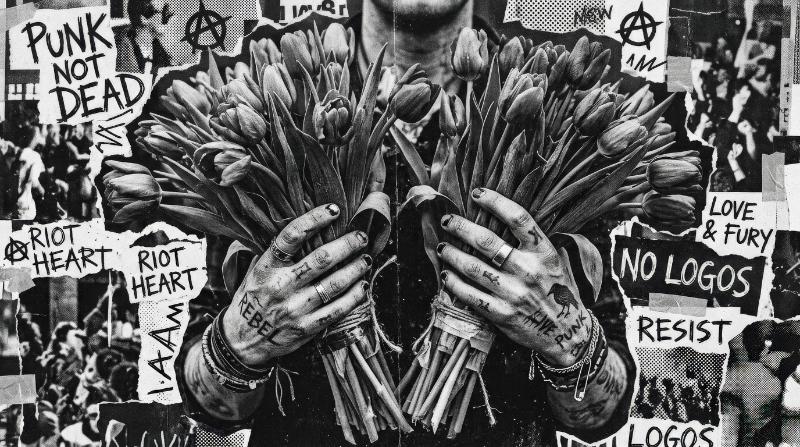 Retro grayscale hands holding bouquets of tulips with photocopy-inspired texture, punk collage styling, raw contrast, rebellious romantic mood, ultra-realistic, no logos.