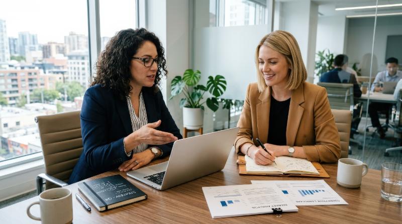 Two businesswomen discussing ideas using a laptop and taking notes in an office, seated side by side at a sleek table, documents and pens adding realistic detail, bright workspace and a focused