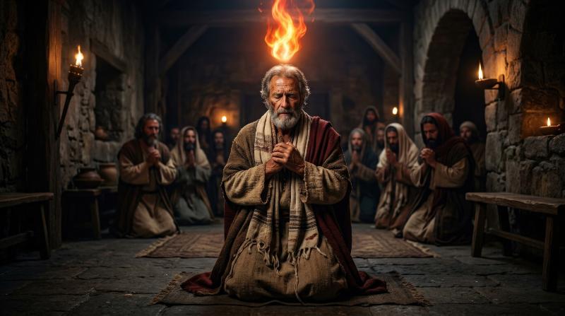 An apostle receiving the Holy Spirit with a fiery tongue above his head, ancient biblical setting, textured robes, prayerful expression and sacred dramatic lighting, ultra-realistic, no logos.