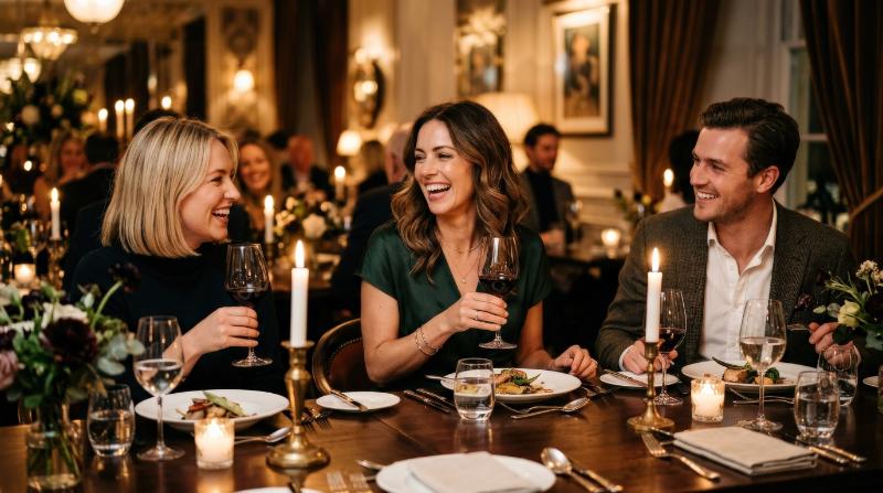 Happy woman having dinner with friends in a fine dining restaurant, elegant table setting, candle glow, polished glassware, stylish outfits, warm intimate ambiance, ultra-realistic, no logos.
