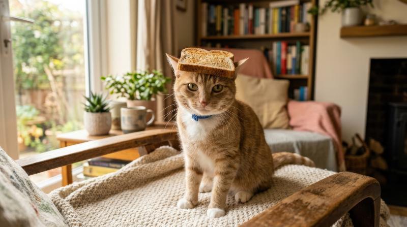 A playful cat with a slice of toast balanced on its head in a cozy home setting, curious expression, warm daylight, and humorous gentle mood, ultra-realistic, no logos.
