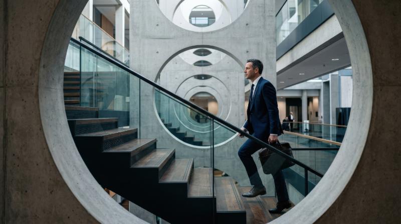 A man walking up a staircase with circular openings cut through the structure, repeating voids, elegant blue tones, focused vertical movement and steady professional ascension, ultra-realistic, no
