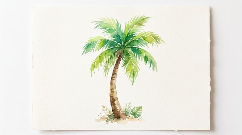 A cute watercolor palm tree as an isolated tropical element, soft hand-painted leaves, fresh exotic warmth, ultra-realistic, no logos.