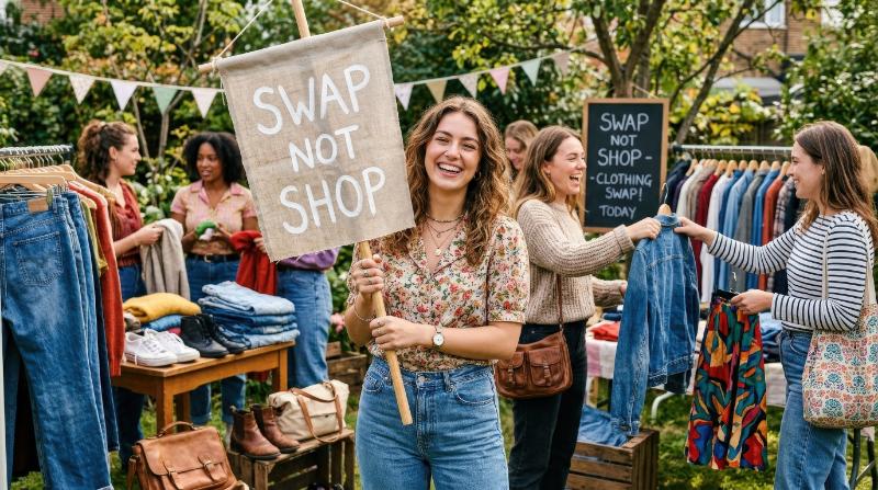 Young woman holding a banner reading swap not shop while clothes, shoes, bags and jeans are exchanged between friends, vintage finds, zero waste shopping vibe, cheerful sustainable lifestyle