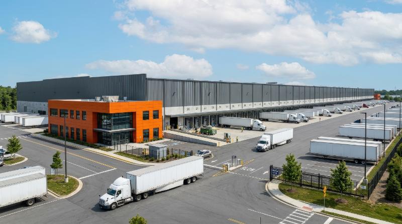A modern industrial warehouse with loading docks and an orange office facade, broad logistics campus, sharp architectural lines, bright sky, atmosphere of organized distribution and scale,