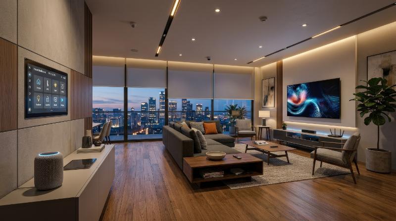 A modern smart home living room featuring a digital control panel, connected devices, wooden floor and contemporary furniture, polished future-home atmosphere, ultra-realistic, no logos.