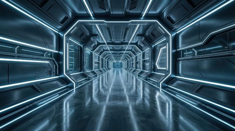 An empty futuristic sci-fi corridor with illuminated walls and polished cement floor, dramatic depth, clean showcase environment, ultra-realistic, no logos.