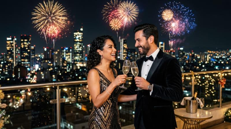 A happy Latin couple toasting champagne together on New Year’s night, city lights and fireworks behind them, stylish evening attire, romantic celebratory mood, luminous night atmosphere,