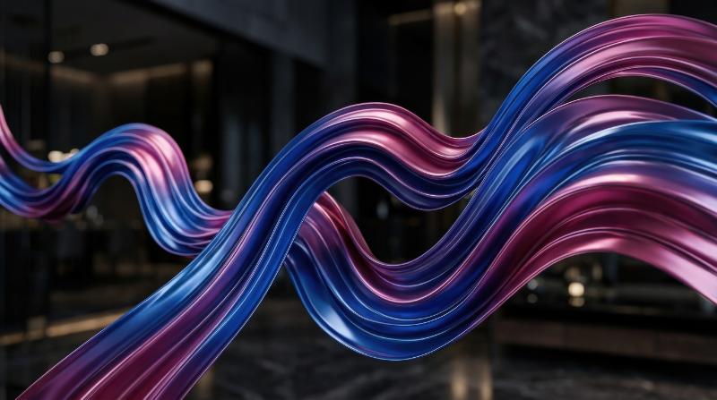 Flowing ribbon waves in blue and pink metallic gradient, elegant dynamic movement, glossy sheen and modern luxury atmosphere, ultra-realistic, no logos.
