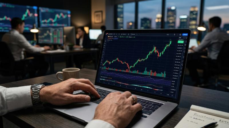 Hands on a laptop with a rising candlestick chart on screen, sharp market visuals, trading analytics glow, ambitious wealth-management atmosphere, ultra-realistic, no logos.