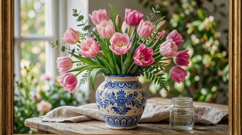 A hand-painted bouquet of pink tulips in a decorative ceramic vase with blue ornament, fresh spring elegance and soft botanical charm, ultra-realistic, no logos.