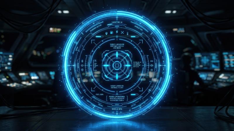 A circular HUD technology display ring with glowing blue scanner frame, digital control accents and clean futuristic symmetry, ultra-realistic, no logos.