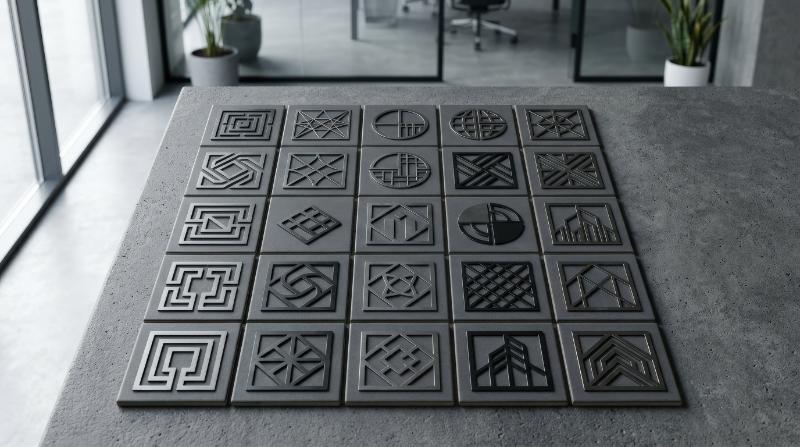 A collection of abstract square-based symbols with modern geometric balance for branding and technology aesthetics, clean structured styling, ultra-realistic, no logos.
