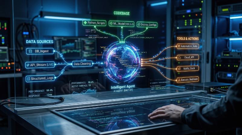 A close-up of an AI automation workflow with an intelligent agent linking data, code, and tools across a glowing interface, reflective surfaces, sharp cybernetic mood, ultra-realistic, no logos.