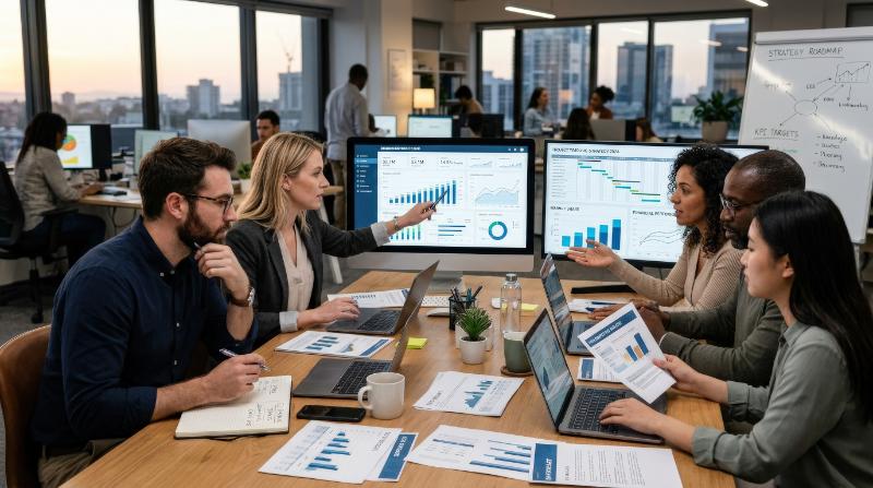 A data analysis workspace with people studying graphs and business reports, financial diagrams on screens, strategic teamwork mood, ultra-realistic, no logos.
