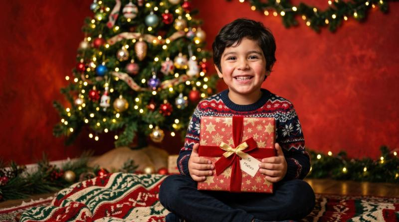 A happy Hispanic child holding a wrapped Christmas gift box, joyful smile, decorated tree behind, vivid red studio background, playful holiday excitement, ultra-realistic, no logos.