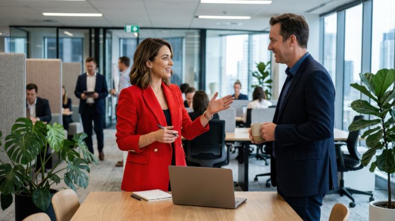 A woman in a red jacket engaged in a professional conversation with a colleague, modern office background, expressive posture and a confident polished atmosphere, ultra-realistic, no logos.