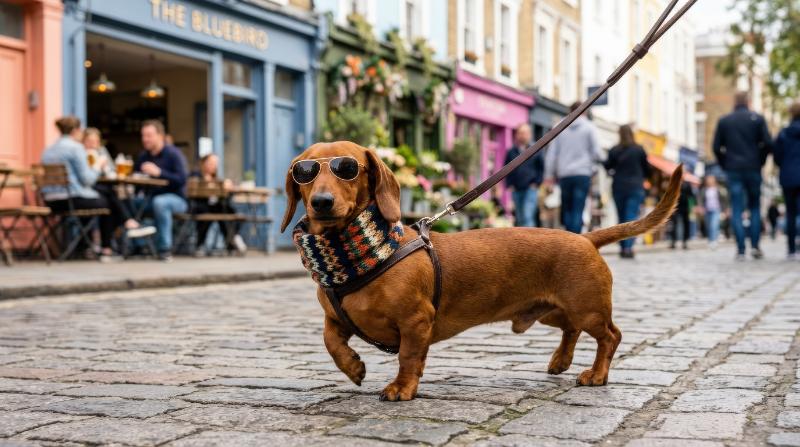 A stylish dachshund wearing a scarf and sunglasses, long body posed with playful confidence, bright casual backdrop and humorous fashionable mood, ultra-realistic, no logos.