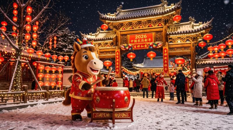 A Chinese New Year 2026 scene with a cute horse mascot playing a red drum near a snowy traditional gate and glowing lanterns, festive red palette, joyful holiday atmosphere, ultra-realistic, no logos.