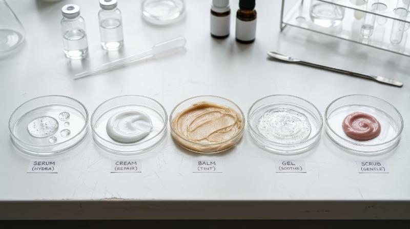 A collection of cosmetic textures on petri dishes, clear face serum drops, smooth white cream and beige balm smear, organized beauty-routine laboratory aesthetic, ultra-realistic, no logos.