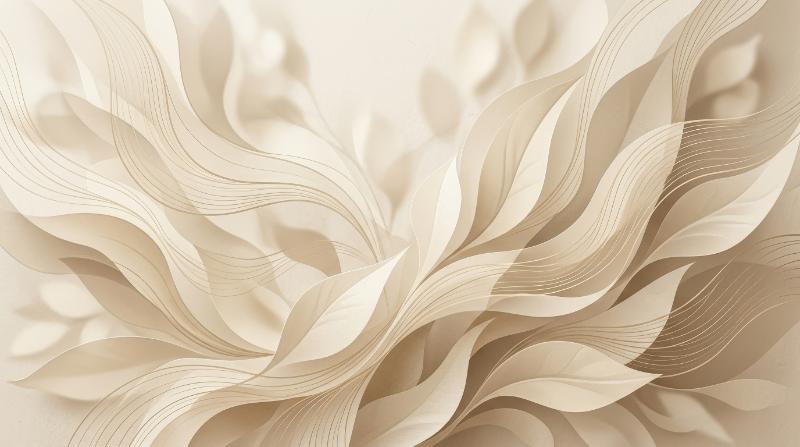Elegant abstract beige background with layered leaf shapes, flowing texture lines and soft tonal shading, calm organic sophistication, ultra-realistic, no logos.