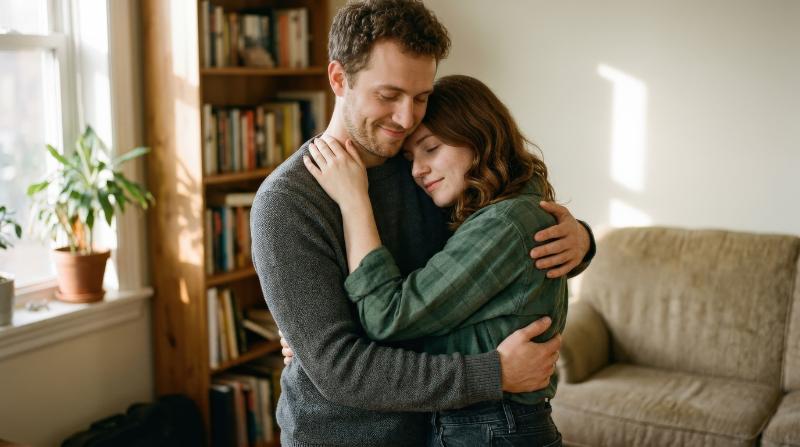 A quiet embrace between two people deeply in love, close bodies and softened smiles, subtle fabric textures, warm ambient light and a heartfelt peaceful atmosphere, ultra-realistic, no logos.