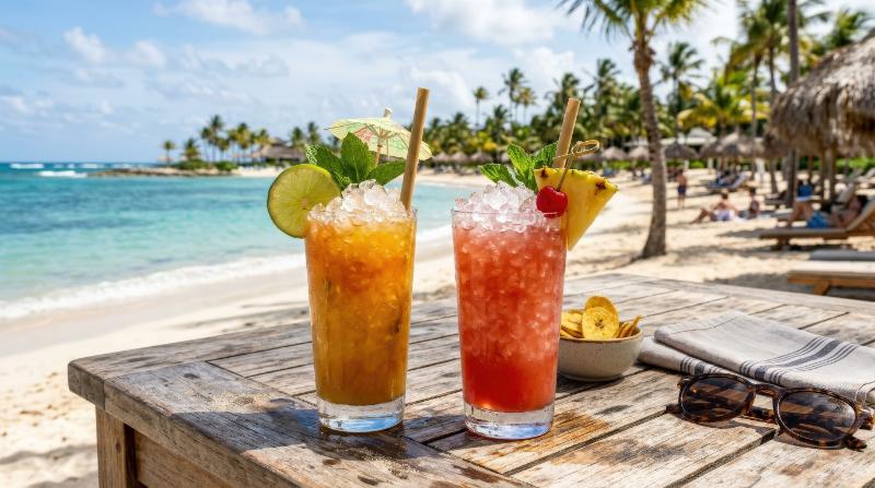 Two tropical cocktails on a wooden table with a beach and palm trees in the background, crushed ice glistening in the sun, laid-back island resort mood, ultra-realistic, no logos.