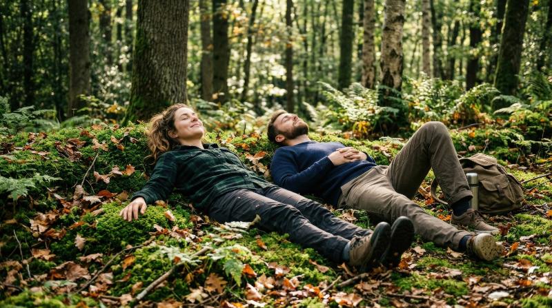 A male and female friend lying on the ground in a forest, connecting with nature through forest bathing, leaves and moss around them, dappled sunlight, tranquil restorative mood, ultra-realistic, no