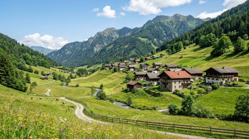 Houses on a green mountain valley in summer, scenic outdoor view, rolling hills and bright peaceful countryside atmosphere, ultra-realistic, no logos.