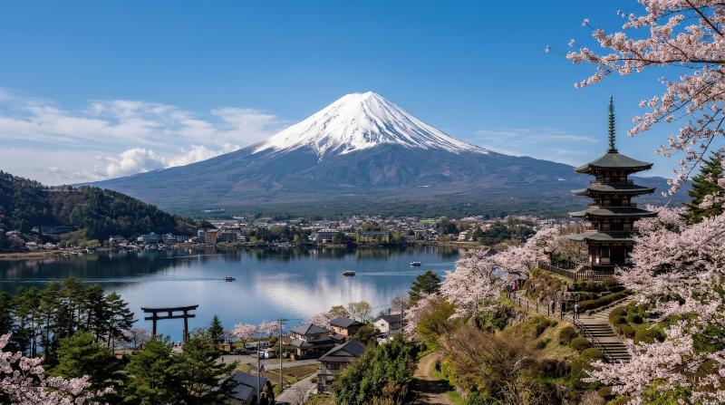 Mount Fuji rising beautifully over Japan, serene composition, crisp peak, cultural landscape atmosphere, ultra-realistic, no logos.