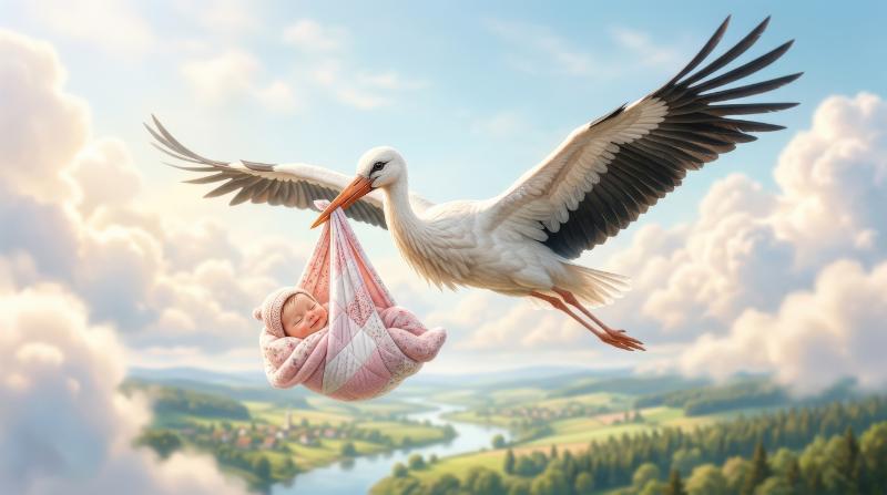 A cute stork carrying a baby girl through a soft bright sky, delicate feathers, tender family theme and joyful celebratory mood, ultra-realistic, no logos.