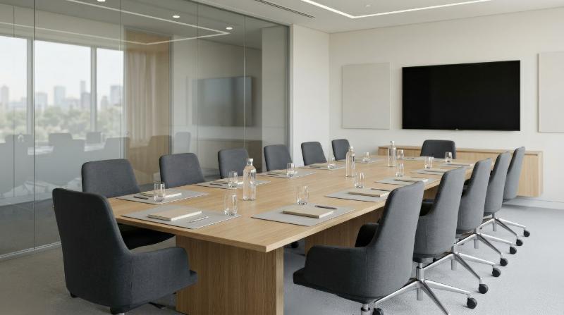 Neatly arranged chairs surrounding a table in an office meeting room, minimalist interior, clean lines, soft even lighting, quiet anticipatory corporate atmosphere, ultra-realistic, no logos.