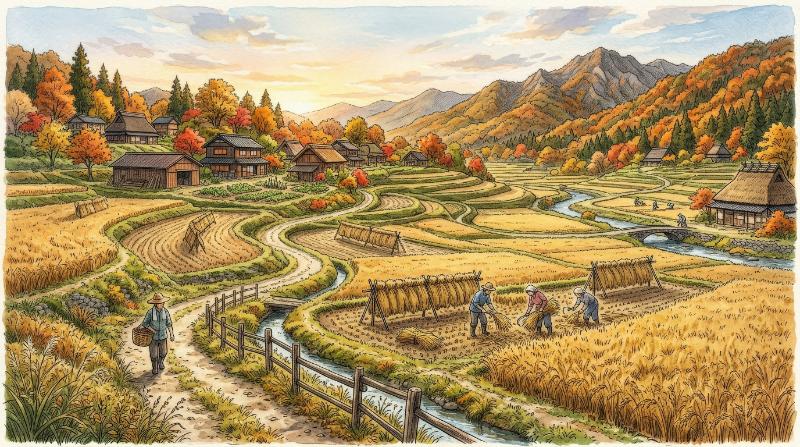 A hand-drawn-style rural autumn farming landscape with rice fields and crops, golden tones, quiet countryside charm, ultra-realistic, no logos.
