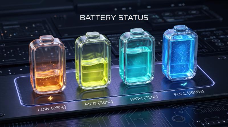 A transparent glass battery charging icon set with liquid-like clarity, layered energy levels, smooth rounded edges, subtle reflections, futuristic clean interface mood, ultra-realistic, no logos.