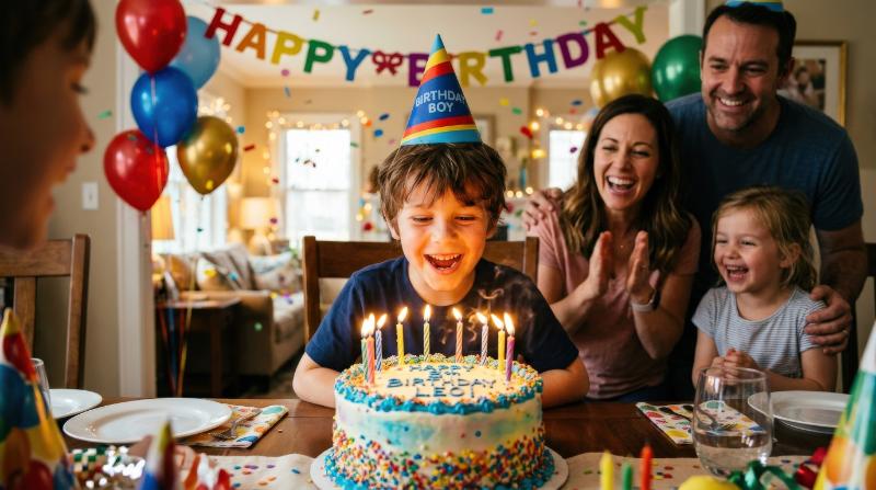 A smiling birthday boy wearing a party cone and blowing out candles at home, glowing cake, colorful decorations, excited expression and warm family celebration mood, ultra-realistic, no logos.