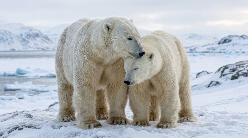 A polar bear couple standing close together, soft white fur, gentle snowy tones and tender affectionate mood, ultra-realistic, no logos.