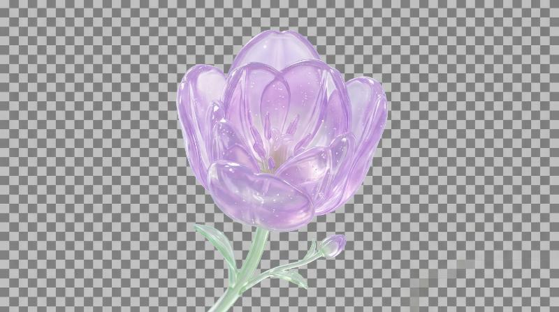 A translucent jelly tulip bloom in pastel purple, isolated on transparent background, glossy petals, soft highlights, dreamy floral fantasy mood, ultra-realistic, no logos.