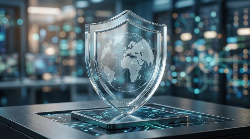 A global shield icon crafted from transparent glass, polished edges, faint world cues and a trustworthy internet-safety atmosphere, ultra-realistic, no logos.