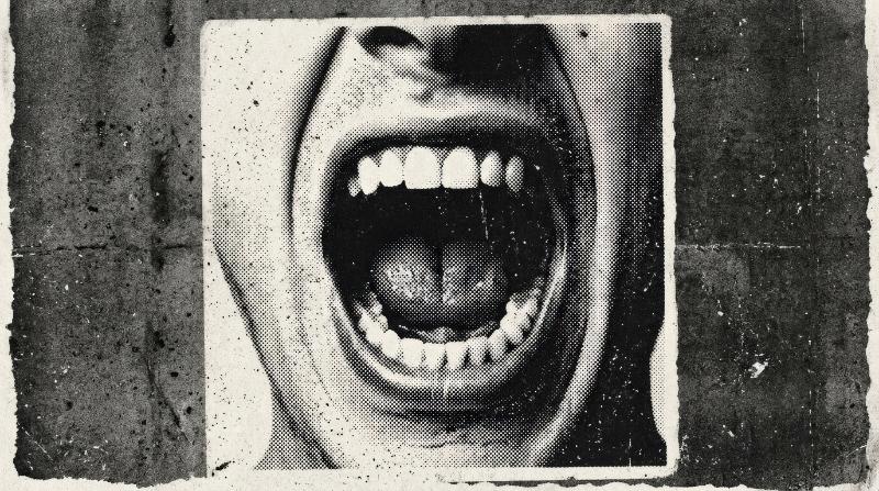 A screaming mouth in halftone stipple dotwork, expressive grainy photocopy texture, raw punk energy and vintage brutalist mood, ultra-realistic, no logos.