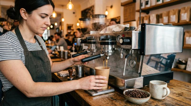 A person preparing coffee with an espresso machine, fresh coffee pouring into a paper cup, coffee beans and an empty mug nearby, warm cafe light, artisan morning atmosphere, ultra-realistic, no logos.